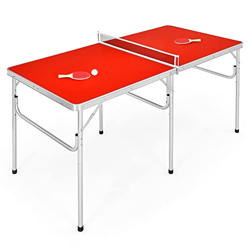 COSTWAY Set Tavolo da Ping Pong con Racchette, Palline e Rete, Design Pieghevole e Portatile, Utilizzabile all'Interno ed Esterno, 76 x 76 x 152,5 cm (Rosso)