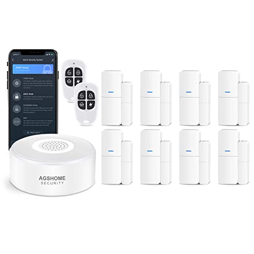 AGSHOME Allarme Casa Wireless, 11kit allarme casa， 1 Allarme con Sirena, 8 Sensori Porta e Finestra, 2 Telecomandi, Compatibile con Alexa e Google Assistant