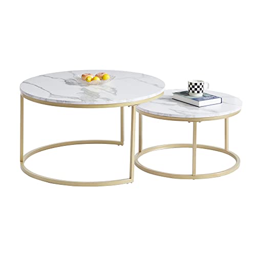 GrandCA HOME Set di 2 Tavolini Rotondi a Incastro con Piano in Finto Marmo, Tavolino da Caffè per Soggiorno, Oro (80x80x45cm e 60x60x35cm)