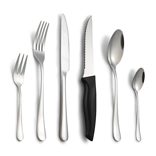 BEWOS Servizio di posate per 6 persone, set di posate in acciaio inox da 36 pezzi con coltelli da bistecca, inclusi coltello, forchetta, cucchiaio, lucidati a specchio e lavabili in lavastoviglie