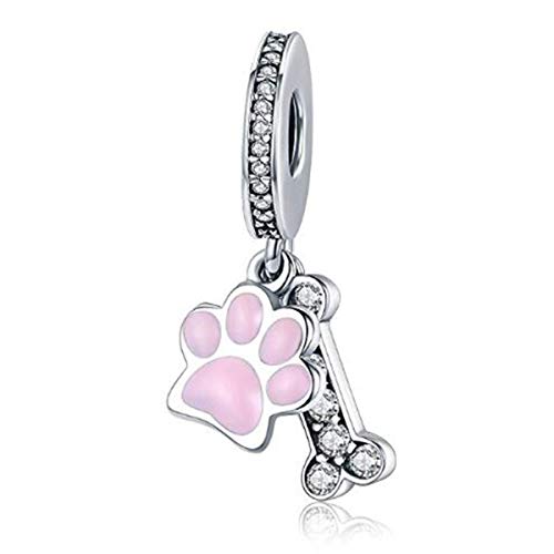 Ciondolo a forma di osso, in vero argento Sterling 925, con scritta 'I Love My Dog', per braccialetti Pandora. e Argento, colore: Charm a forma di zampe di cane rosa., cod. YS-S3331