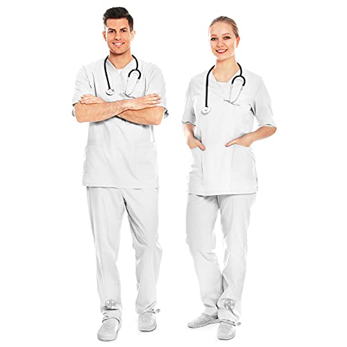 AIESI® Divisa Sanitaria Uomo Donna in Cotone 100% sanforizzato Pantaloni e Casacca Scollo a V # Taglia XL Bianco