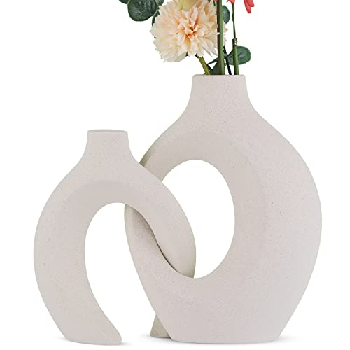Set di 2 vasi vuoti in ceramica bianca moderna decorazione bohémien, decorazione minimalista nordica, adatti per tavolo da pranzo, casa, sala da pranzo, ufficio, decorazione (bianco)