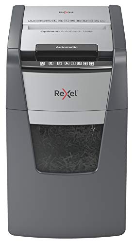 Rexel Optimum AutoFeed+ 2020150MCH - Distruggidocumenti automatico CH, 150 fogli, livello di sicurezza P5, microtaglio, per uffici più piccoli, contenitore per rifiuti da 44 litri, con spina svizzera