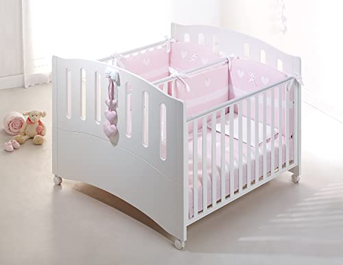 ZStyle Lettino culla bambini gemelli in legno letto azzurra design infanzia neonato (Bianco + materassi + corredo tessile rosa)