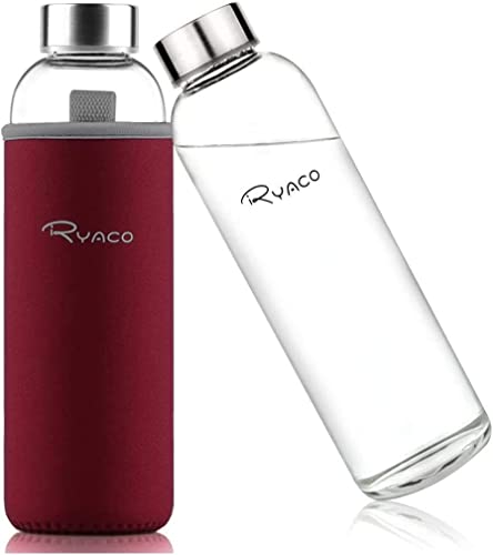 Ryaco Bottiglia d'Acqua, 550ml Bottiglia Vetro Trasparente Portatile con Guaina Protettiva in Neoprene per Il Campeggio Viaggi tè Ufficio (Vino Rosso, 550ml)