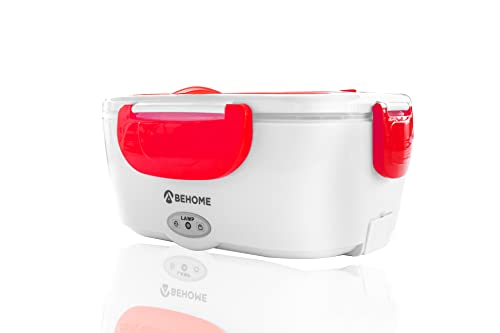 BEHOME Scaldavivande Elettrico Portatile con 2 Contenitori Removibili 1,5 Litri Lunch Box con vano portaposate e Cucchiaio (Rosso)