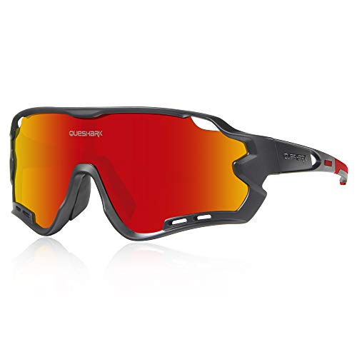 Queshark Polarizzati Occhiali Ciclismo con 4 Lenti Intercambiabili Occhiali Bici Occhiali Sportivi da Sole Anti UV da Uomo Donna per Corsa,MTB (Nero Rosso)