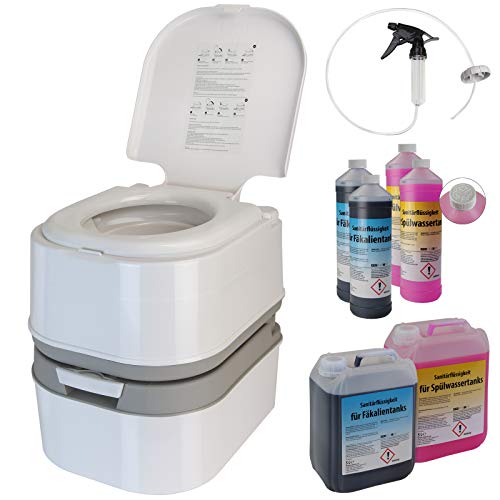Montafox Toilette Portatile WC Chimico 24 Litri - Opzionalmente Disponibile: Liquido Sanitario e Spruzzatore - WC + 2 x 2L + Polizia siringa