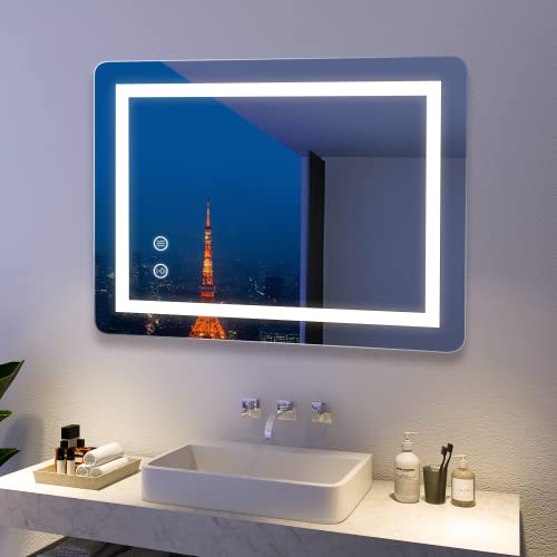 FRALIMK 60x80cm Specchio da bagno LED con antiappannamento, specchio cosmetico illuminato a LED dimmerabile, specchio intelligente senza cornice, 3 colori di luce, sospensione verticale