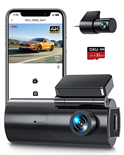 GKU Dash Cam Auto 4K, Doppia Telecamera per Auto, Full HD 2.5K+1080P WiFi Dashcam, Super Visione Notturna, Grandangolare di 170°, G-Sensor,WDR,Registrazione in Loop,24H Monitor di Parcheggio,Max 256GB