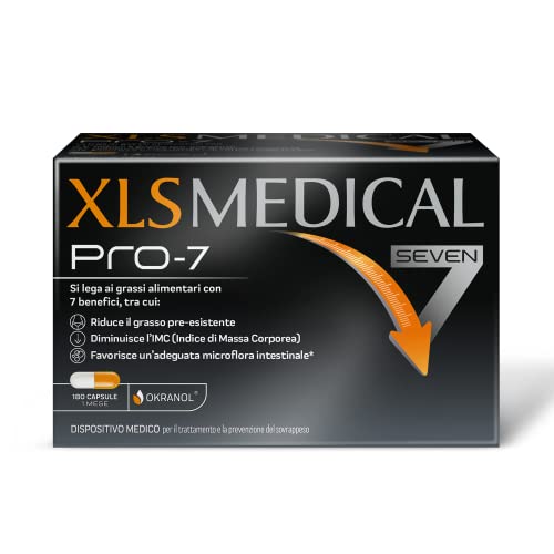 XLS Medical Pro-7 Dispositivo Medico, si Lega ai Grassi Alimentari con 7 Benefici, Fino a 5 Volte Perdita di Peso Rispetto Sola Dieta, Clinicamente Testato, 180 Capsule, 1 Mese, Okranol