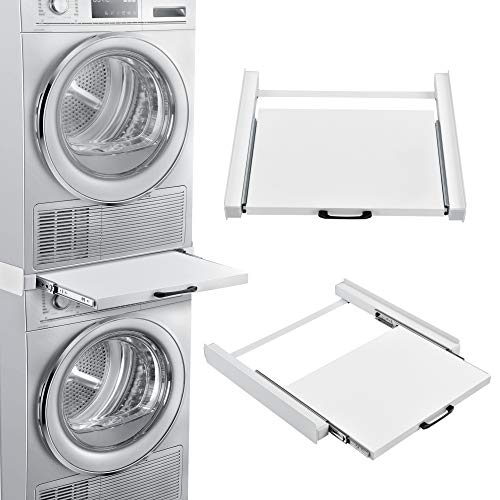 [en.casa] Supporto Universale in Metallo Sovrapposizione per Lavatrice e Asciugatrice con Ripiano Estraibile Kit di Congiunzione/Accatastamento - Bianco