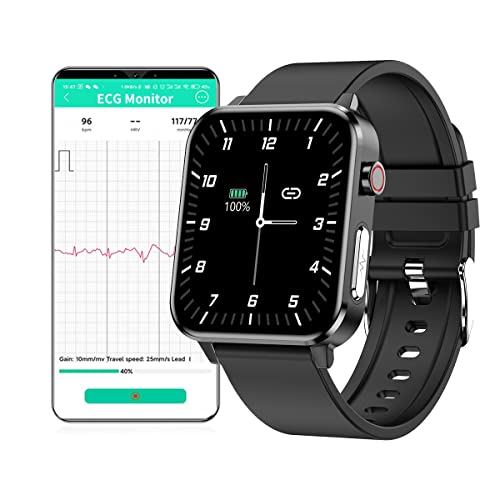 Smartwatch Uomo ECG, 1,7' Quadrato Orologio Intelligente Temperatura Corporea, IP68 Impermeabile Smart Watch Donna, Cardiofrequenzimetro da Polso Contapassi Tracker Attività per Android iOS Nero