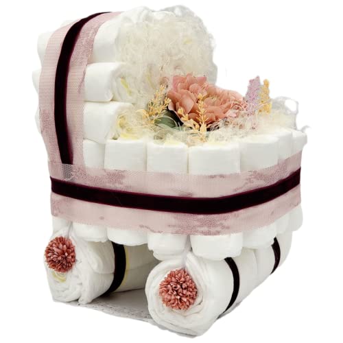 VILAER Torta per pannolini, modello carrello carrozzina beige, regalo originale per Neo con 55 pannolini Dodot Sensitive taglia 2 (4-8 kg)