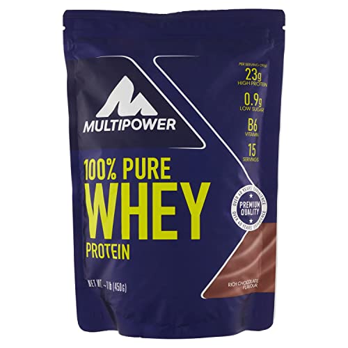 Multipower 100% Pure Whey Protein - Fino a 80% di Proteine del Siero del Latte - Proteine Isolate come Fonte Principale - 15 Porzioni - Per lo sviluppo Muscolare - 450 g - Gusto Cioccolato