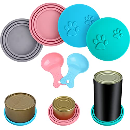 HB-Int Set di 4 coperchi in silicone per lattine per animali domestici, con 2 cucchiai, per il cibo per cani e gatti, in silicone, lavabili in lavastoviglie, senza BPA