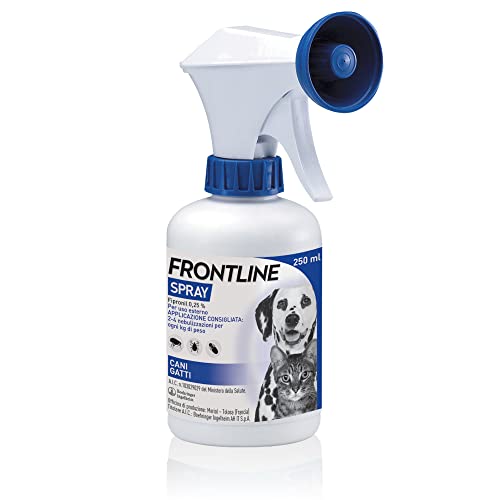 FRONTLINE Spray 250 ml, Antiparassitario per Cani e Gatti e Cuccioli dal Secondo Giorno di Vita, Antiparassitario Lunga Durata, Elimina e Protegge da Zecche, Pulci e Pidocchi, Antipulci Spray 250 ml