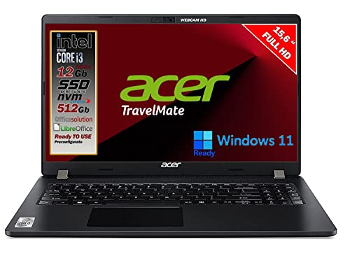 Notebook SSD Travelmate Acer Intel i3 10 th, RAM 12 GB, SSD M.2 Pci 512GB, display 15.6 Full hd led, Svga Intel HD 600, 3 USB, Wi-Fi, hdmi, BT, Win 10 Pro, Pronto all'Uso, Garanzia Italia