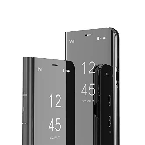 COTDINFOR Huawei Mate 8 Custodia Placcatura Specchio Clear View Standing Cover Slim Mirror Flip Portafoglio Antiurto Case con Funzione Stand per Huawei Mate 8 Mirror PU Black MX.