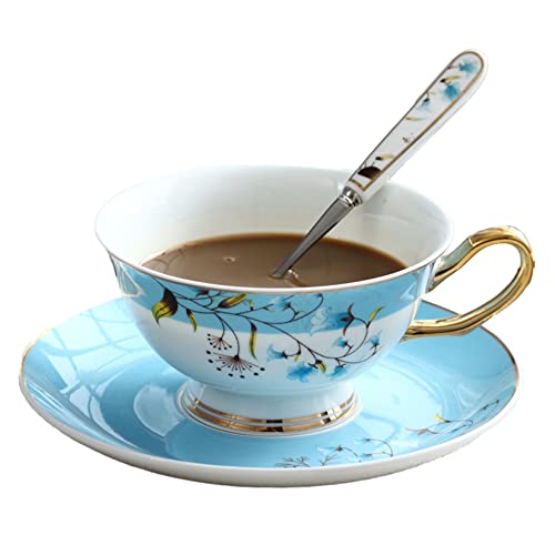 Tazze da tè e piattini Set di Cucchiaio con Tazze di Assetto Dorato Bone Cina 200ml Tazze di caffè in Ceramica 200ml Set Stile Europeo per Cappuccino Latte Tazza caffè caffè,Blu