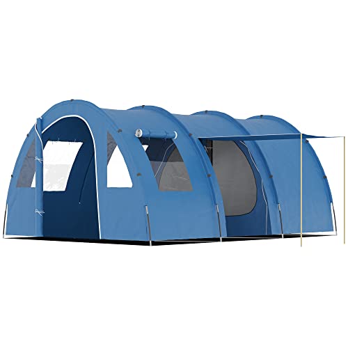 Outsunny Tenda da Campeggio per 5-6 Persone con 2 Porte, Finestre e Tasche Portaoggetti Incluse, 475x315x215 cm, Blu