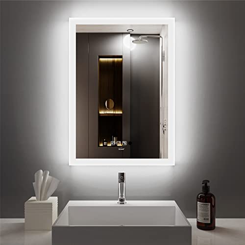 GANPE Specchio da bagno a LED con sensore di movimento, con Bluetooth, illuminato, dimmerabile, per trucco, a parete, anti appannamento, IP44, impermeabile, verticale e orizzontale (50_x_70_cm)