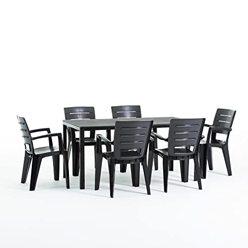 SIEDITI FUORI E DENTRO Set tavolo Thomas + 6 Sedie Anita (tavolo con struttura in ferro e sedie in resina) (Tavolo + sedie antracite)