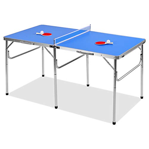 DREAMADE Tavolo da Ping Pong Pieghevole e Portatile con Rete, 4 Palline e 2 Racchette per Esterno e Interni, 152x76x76 cm, Blu