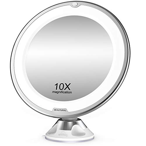 BEAUTURAL Specchio per Trucco Makeup con Ingrandimento 10X e Luce LED, Specchio Cosmetico Giunto Sferico Orientabile e Ventosa, a Batterie