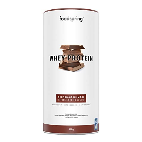 foodspring Proteine Whey in Polvere Cioccolato - Con 22g di Proteine per la Massa Muscolare, Ottima Solubilità, senza zuccheri aggiunti, Ricco di BCAA ed EAA - 750g