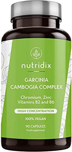 Garcinia Cambogia 2.000mg per dose - Bruciagrassi e sopprime l'appetito con il 60% di HCA - Potente termogenico con cromo, vitamine e zinco - 100% vegetale 90 capsule Nutridix