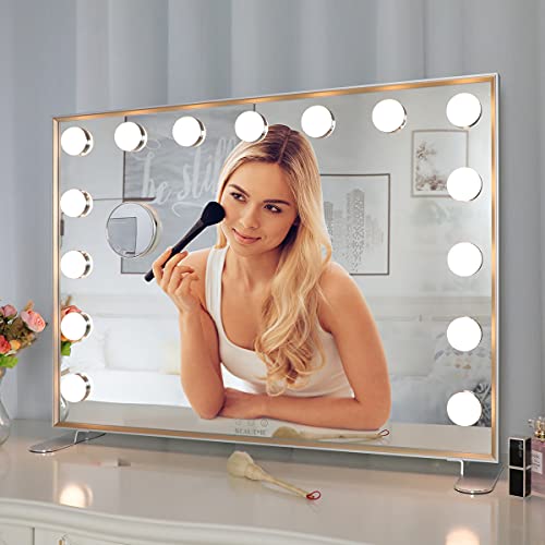 ANYHI Hollywood Specchio per Trucco con con 15 lampadine,Specchio Trucco con luci a LED,Luminosità Regolabile,Specchio Makeup con Luci Specchio Ingranditore 10x (75cm X 54cm)