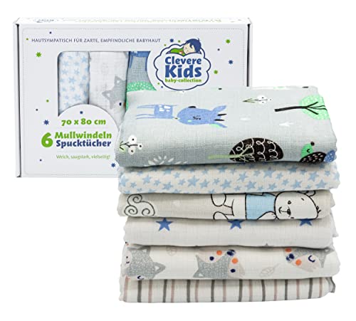 Clevere Kids - Confezione da 6 panni in garza per bambini o bambine, Oeko-Tex a doppio tessuto, 70 x 80 cm, per bambini V2