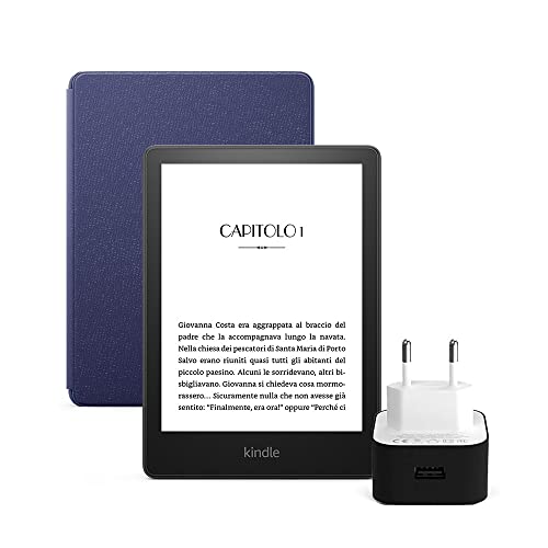 Kindle Paperwhite Essentials Bundle con Kindle Paperwhite (8 GB, con pubblicità), Custodia Amazon in pelle e Caricabatterie USB Amazon PowerFast (9 W)