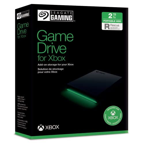 Seagate Game Drive for Xbox, 2TB, External Hard Drive Portable, USB 3.2 Gen 1, Black with built-in green LED bar, Xbox Certified, 2 year Rescue Services (STKX2000400)