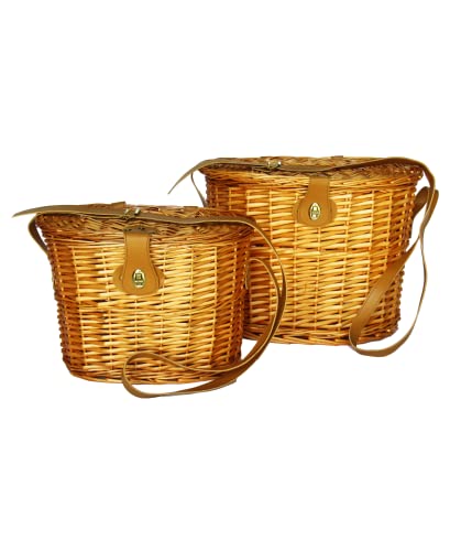 Set di 2 cesta per la raccolta funghi, tartufi e castagne in vimini con tracolla regolabile in similpelle, grande 40x28xh30 cm e piccolo 34x21xh24 cm, cestini con coperchio. Prodotto artigianale.