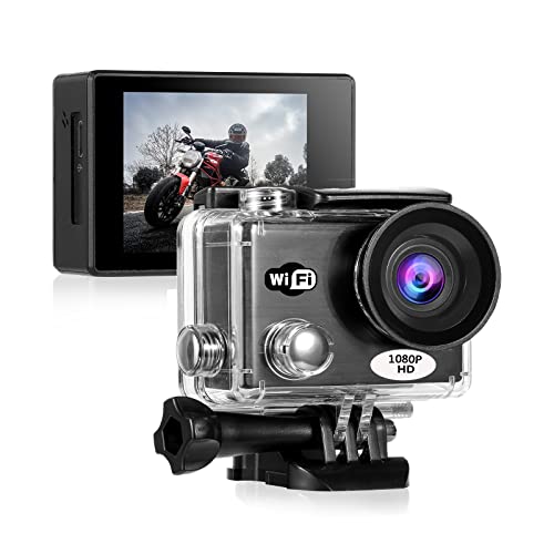 FMAIS Action Cam 4K con WiFi, Sports Cam da 16Mp con zoom 4x, Fotocamera subacquea da 98FT dotata di batterie da 2×1350 mAh e Accessori di montaggio (1080P WiFi)