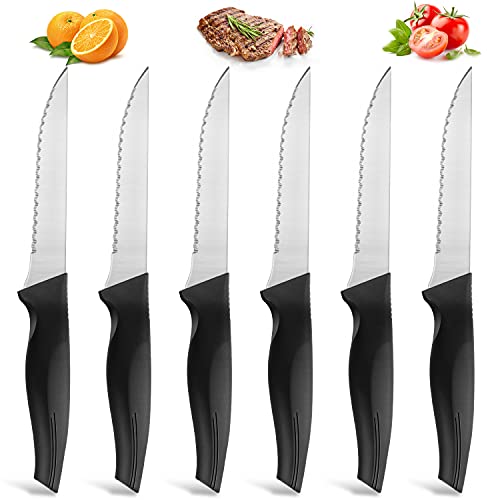 BEWOS coltelli da bistecca, coltelli da tavola 6 pezzi, set coltelli seghettato in acciaio inox, coltelli bistecca seghettato, coltelli carne, coltello da tavola, lavabile in lavastoviglie
