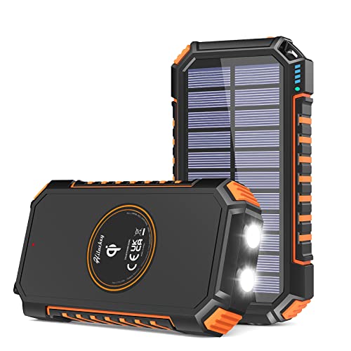 Hiluckey Caricabatterie Solare 26800mAh con 4 USB Batteria Esterna Portatile USB C Power Bank Senza fili Impermeabile con 2 Luci LED per Smartphones, Tablets (Orange)
