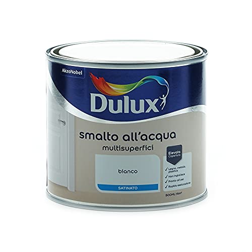 Dulux Smalto Satinato all'Acqua per Metallo Plastica e Legno Pronto all'Uso per Esterni e Interni, 0.5 Litri, Bianco