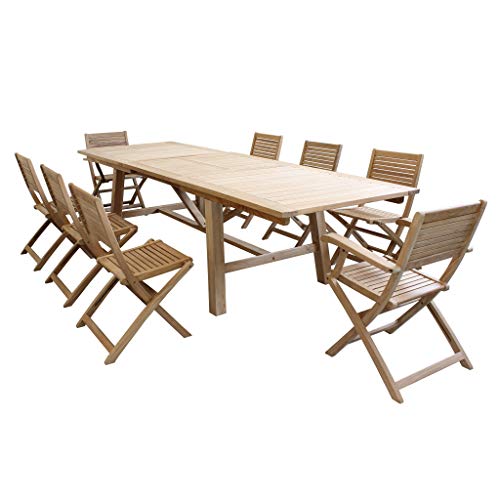 Set Tavolo e sedie da Giardino per Esterno in Legno Resistente di Teak cm 160/240 x 90 x 77 h con 8 sedute