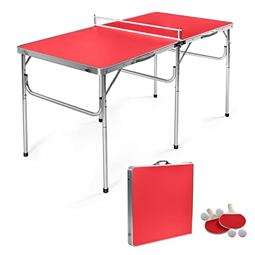 DREAMADE Tavolo da Ping Pong Pieghevole e Portatile con Rete, 4 Palline e 2 Racchette per Esterno e Interni, 152x76x76 cm, Rosso