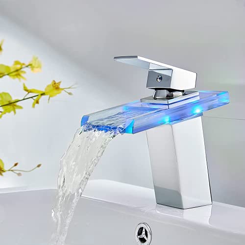 Auralum Rubinetto a LED da bagno, a cascata in vetro, miscelatore monocomando per lavabo, con RGB 3 colori cangianti per bagno