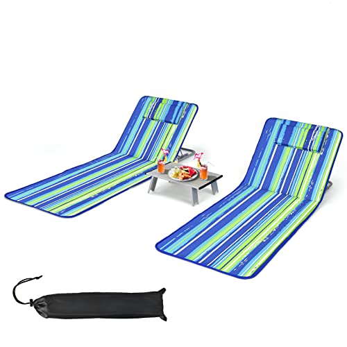 Giantex Set di 2 Materassi da Spiaggia Pieghevoli e Tavolino, Sedie a Sdraio da Spiaggia Regolabili in 5 Posizioni con Poggiatesta Rimovibile, Tasca per Giardino, Spiaggia, Campeggio
