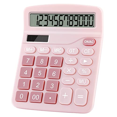 Juliyeh Grande calcolatrice da scrivania di base a doppia alimentazione a 12 cifre,Scrivania di base a doppia alimentazione a doppia alimentazione solare e batteria,scuola, casa e lavoro (colore rosa)