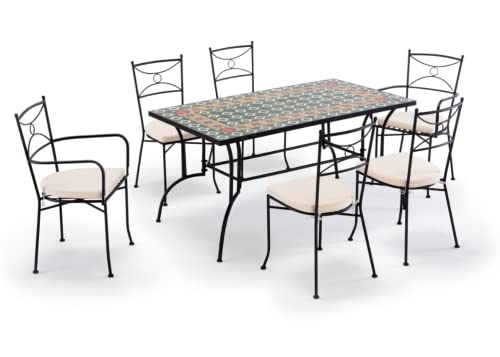 Gruppo Maruccia - Tavolo e Sedie da Giardino con Mosaico Artigianale in Ceramica - 1 Tavolo Rettangolare - 2 Poltrone e 4 Sedie con Cuscini