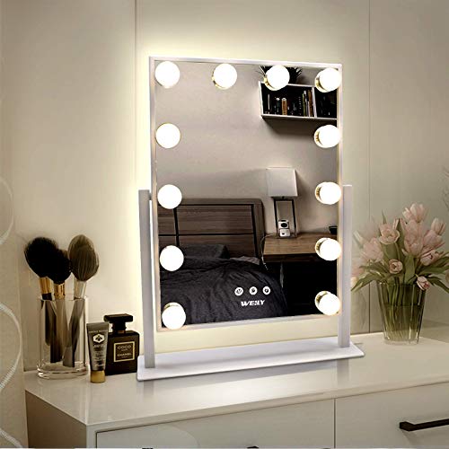 Weily Hollywood - Specchio da trucco con luci, grande specchio illuminato con luce a 3 colori e 12 lampadine a LED dimmerabili, schermo touch intelligente e rotazione di 360 gradi