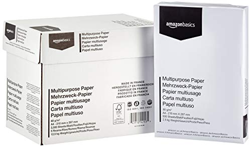 Amazon Basics Carta da stampa multiuso A4 80gsm, 2500 unità, 5 confezioni da 500 fogli, bianco