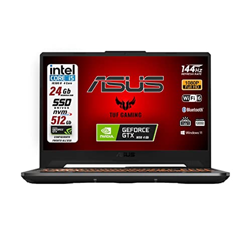 ASUS Gaming TUF F 15, 24 GB DDR4, Full HD 144Hz, cpu Core™ i5 10300H 4 Core, SSD PCI 512 Gb, NVIDIA® GeForce® GTX 1650 4Gb, Wi-Fi 6, tastiera RGB, Windows 11 64 bit, pronto all'uso